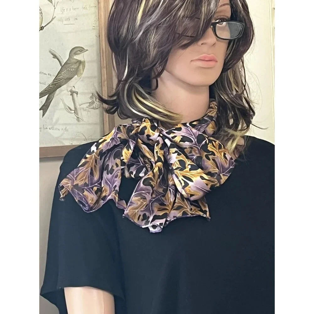 Classic Vintage 1980s Leaf Scarf: Copper, Purple & Black Silky Wrap